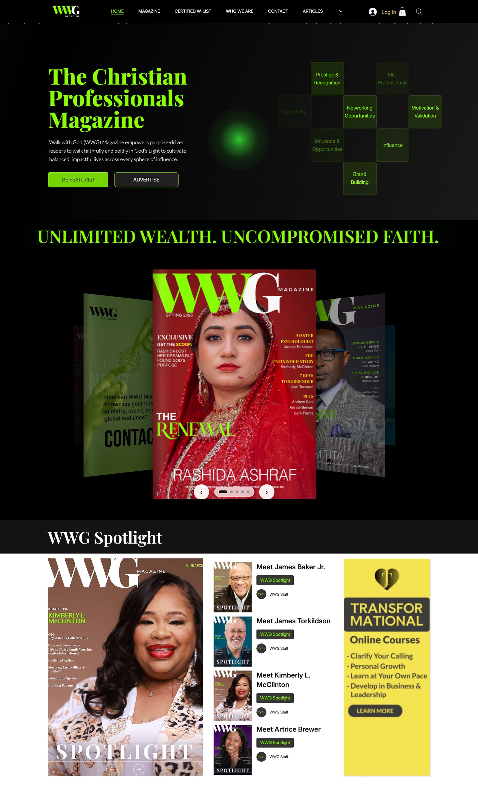 WWG Magazine homepage, The Christian Professionals Magazine headline over a green gradient, above the featured cover carousel and WWG Spotlight section